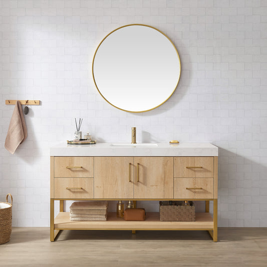 Kolkata 60" Single Sink Bath Vanity in Weathered Oak with White Grain Composite Stone Top
