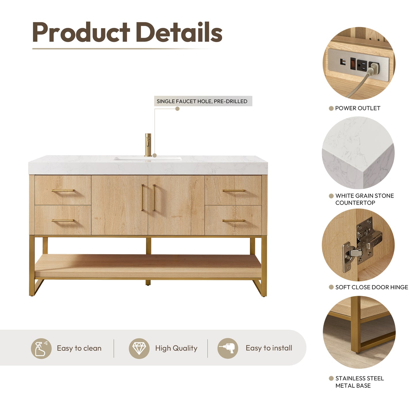 Kolkata 60" Single Sink Bath Vanity in Weathered Oak with White Grain Composite Stone Top