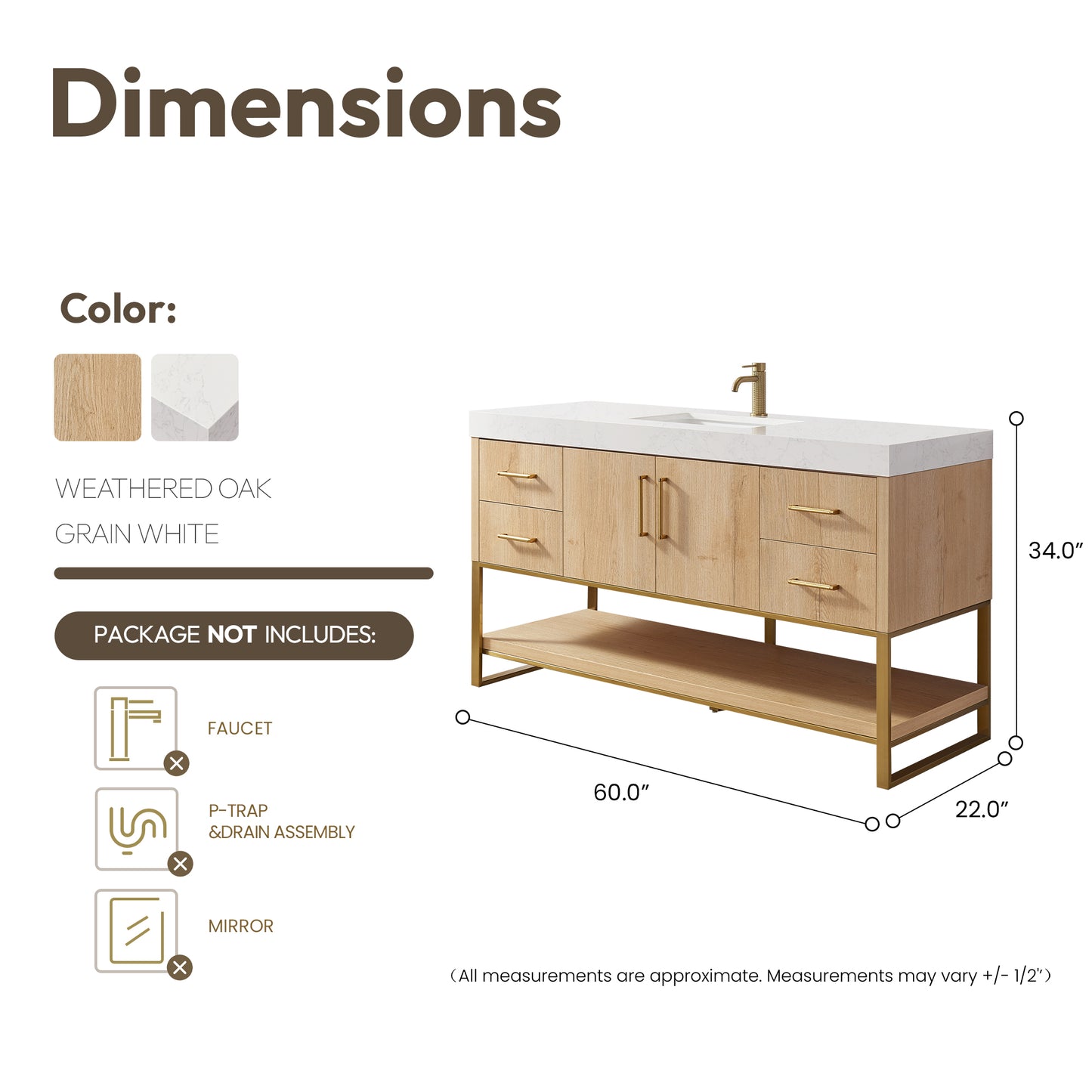 Kolkata 60" Single Sink Bath Vanity in Weathered Oak with White Grain Composite Stone Top