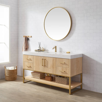 Kolkata 60" Single Sink Bath Vanity in Weathered Oak with White Grain Composite Stone Top