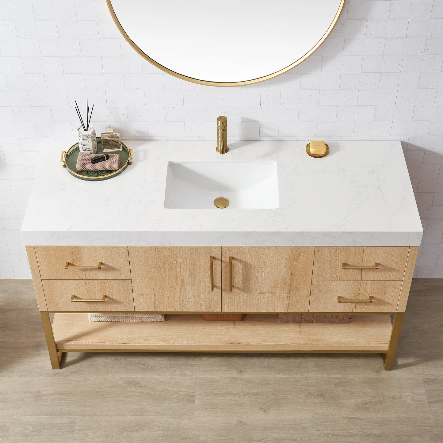 Kolkata 60" Single Sink Bath Vanity in Weathered Oak with White Grain Composite Stone Top