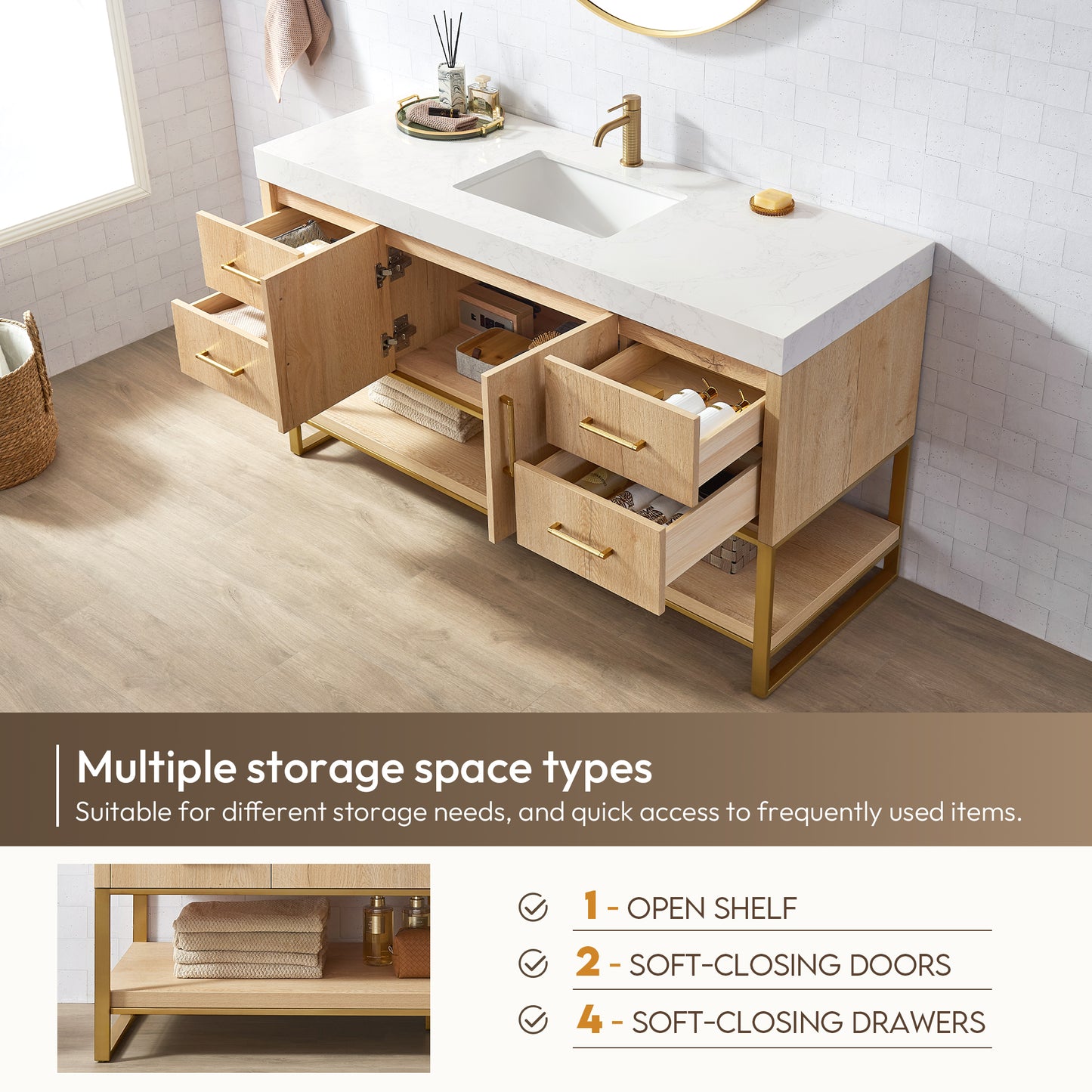 Kolkata 60" Single Sink Bath Vanity in Weathered Oak with White Grain Composite Stone Top