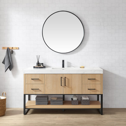 Kolkata 60B" Single Sink Bath Vanity in Weathered Oak with White Grain Composite Stone Top