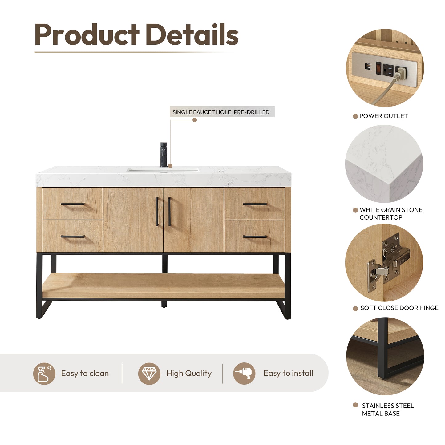 Kolkata 60B" Single Sink Bath Vanity in Weathered Oak with White Grain Composite Stone Top