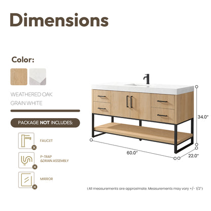 Kolkata 60B" Single Sink Bath Vanity in Weathered Oak with White Grain Composite Stone Top