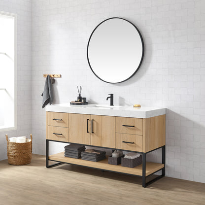Kolkata 60B" Single Sink Bath Vanity in Weathered Oak with White Grain Composite Stone Top
