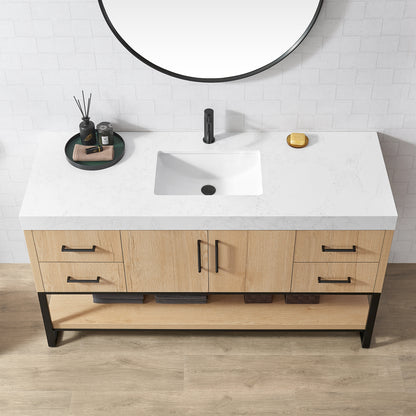 Kolkata 60B" Single Sink Bath Vanity in Weathered Oak with White Grain Composite Stone Top