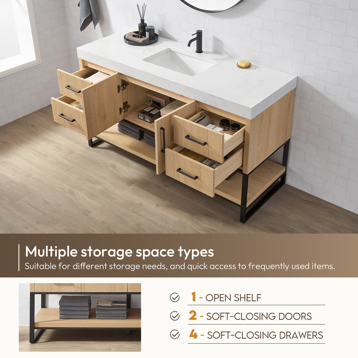 Kolkata 60B" Single Sink Bath Vanity in Weathered Oak with White Grain Composite Stone Top