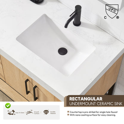 Kolkata 60B" Single Sink Bath Vanity in Weathered Oak with White Grain Composite Stone Top