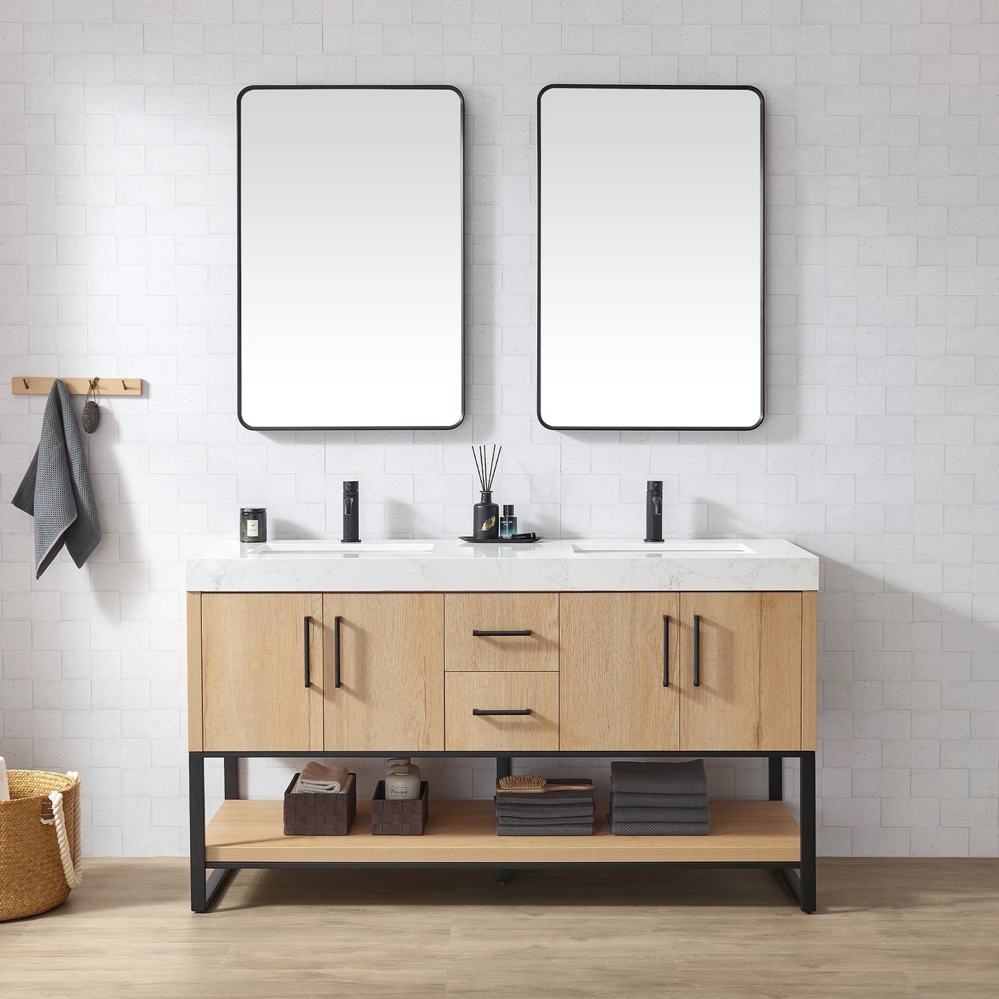 Kolkata 60MB" Double Sink Bath Vanity in Weathered Oak with White Grain Composite Stone Top