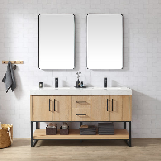 Kolkata 60MB" Double Sink Bath Vanity in Weathered Oak with White Grain Composite Stone Top