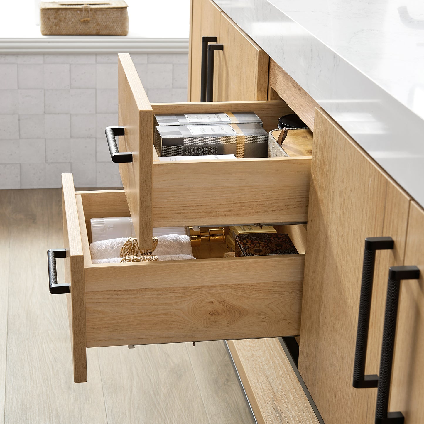 Kolkata 60MB" Double Sink Bath Vanity in Weathered Oak with White Grain Composite Stone Top