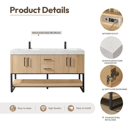Kolkata 60MB" Double Sink Bath Vanity in Weathered Oak with White Grain Composite Stone Top