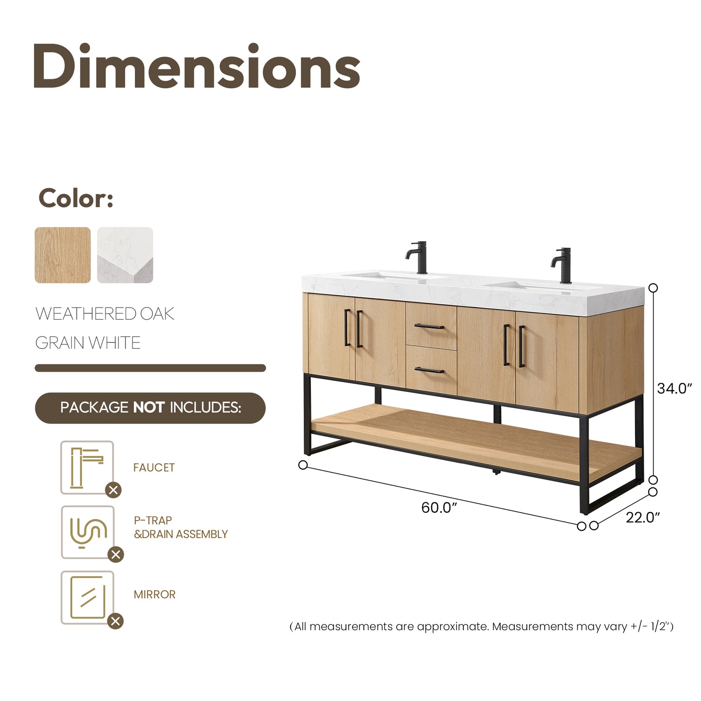 Kolkata 60MB" Double Sink Bath Vanity in Weathered Oak with White Grain Composite Stone Top