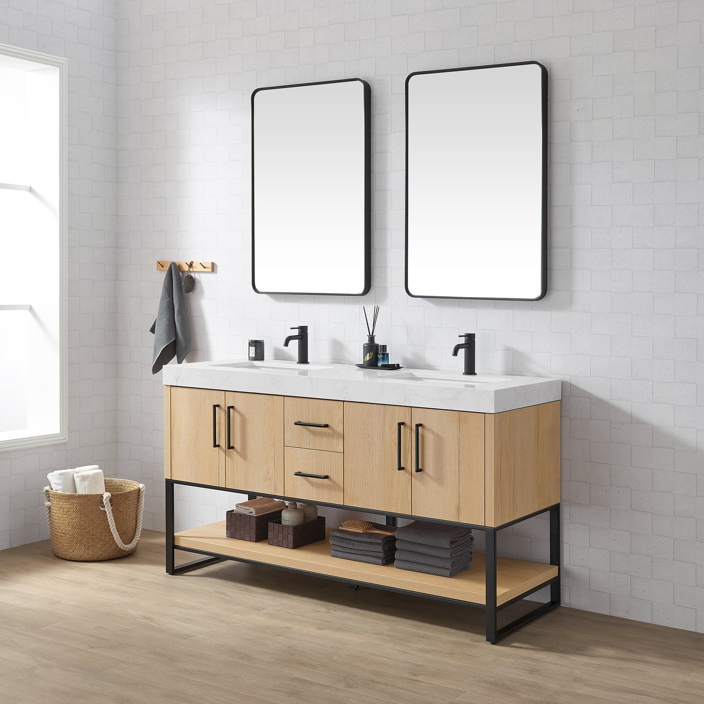 Kolkata 60MB" Double Sink Bath Vanity in Weathered Oak with White Grain Composite Stone Top
