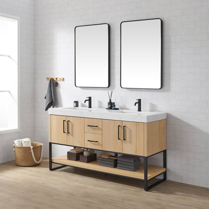Kolkata 60MB" Double Sink Bath Vanity in Weathered Oak with White Grain Composite Stone Top