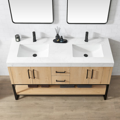 Kolkata 60MB" Double Sink Bath Vanity in Weathered Oak with White Grain Composite Stone Top