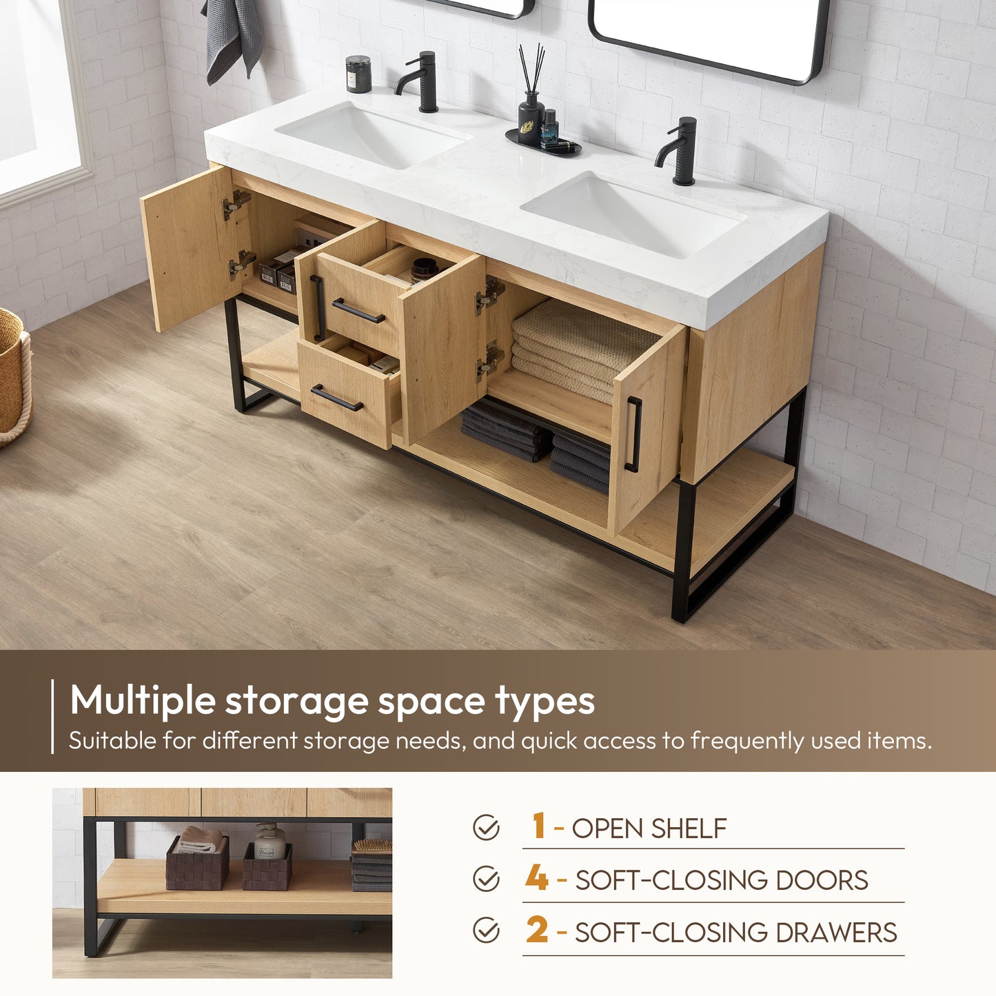 Kolkata 60MB" Double Sink Bath Vanity in Weathered Oak with White Grain Composite Stone Top