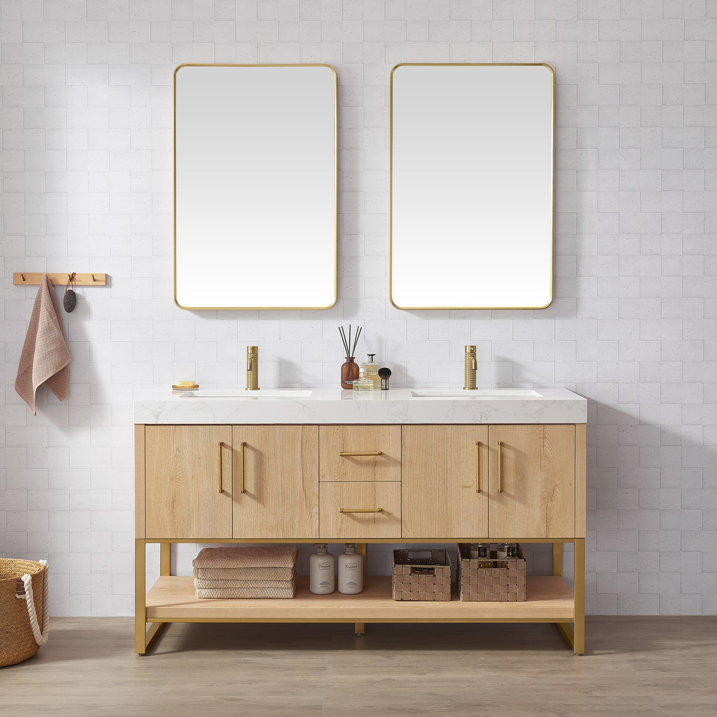 Kolkata 60M" Double Sink Bath Vanity in Weathered Oak with White Grain Composite Stone Top