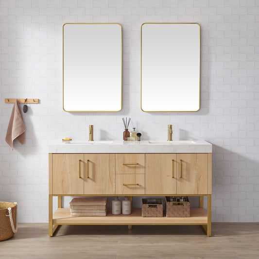 Kolkata 60M" Double Sink Bath Vanity in Weathered Oak with White Grain Composite Stone Top