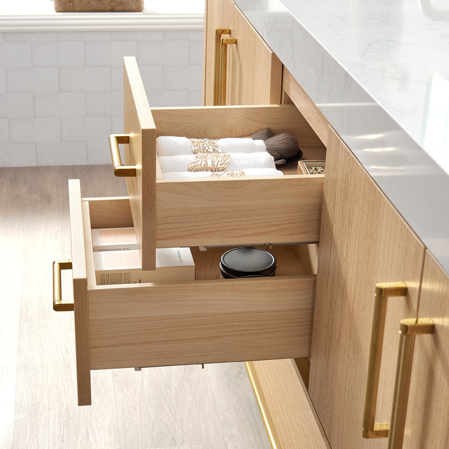 Kolkata 60M" Double Sink Bath Vanity in Weathered Oak with White Grain Composite Stone Top