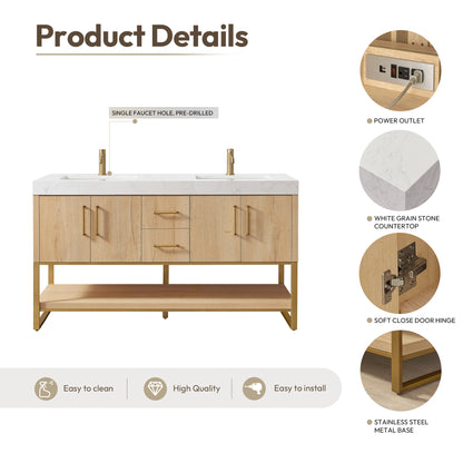 Kolkata 60M" Double Sink Bath Vanity in Weathered Oak with White Grain Composite Stone Top