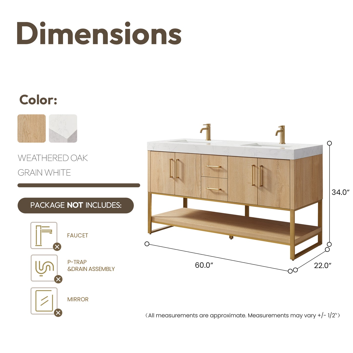 Kolkata 60M" Double Sink Bath Vanity in Weathered Oak with White Grain Composite Stone Top
