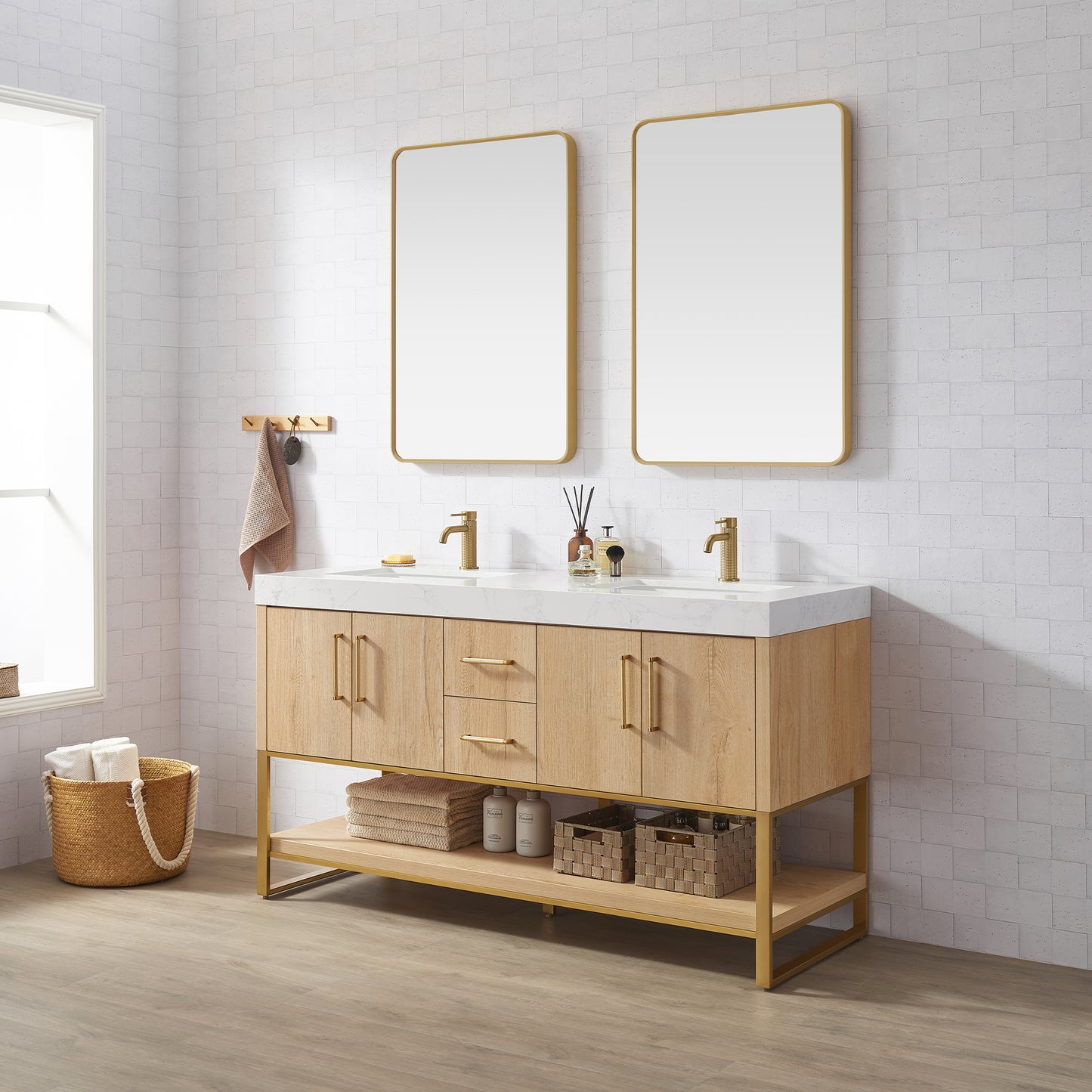 Kolkata 60M" Double Sink Bath Vanity in Weathered Oak with White Grain Composite Stone Top