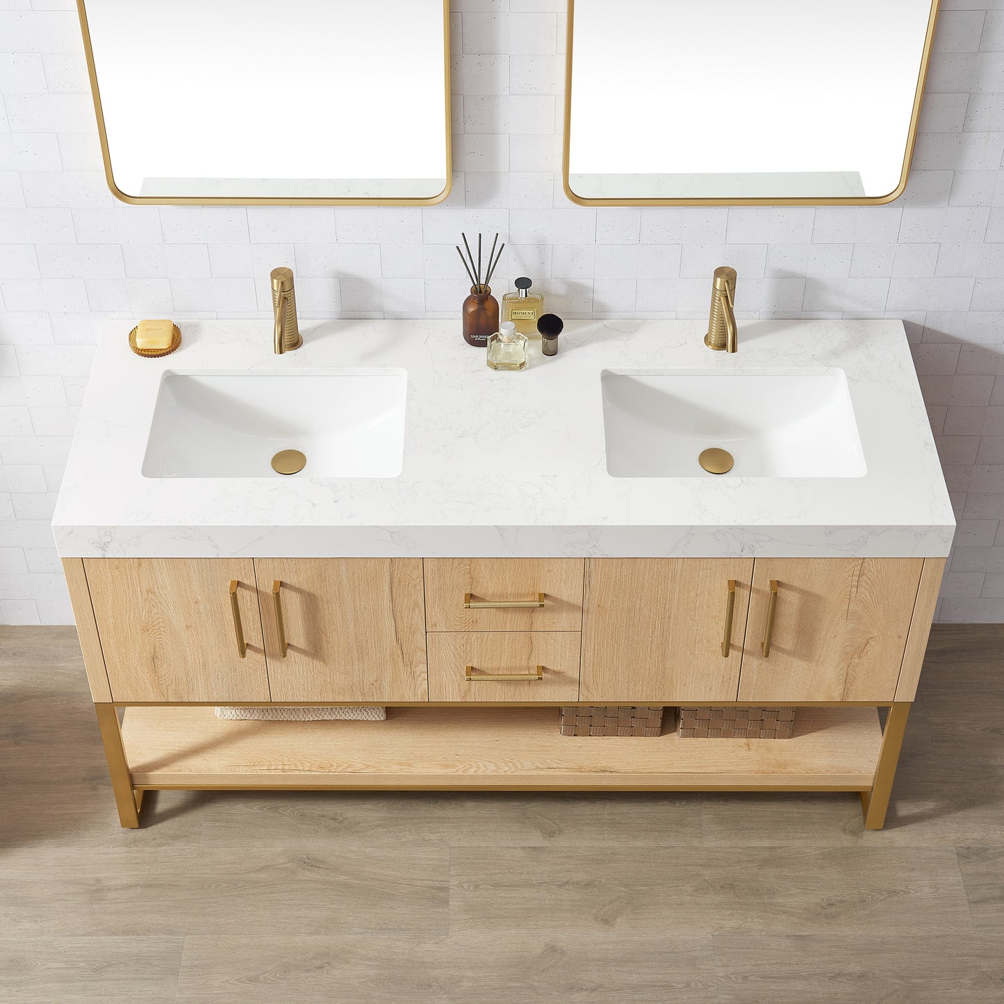 Kolkata 60M" Double Sink Bath Vanity in Weathered Oak with White Grain Composite Stone Top