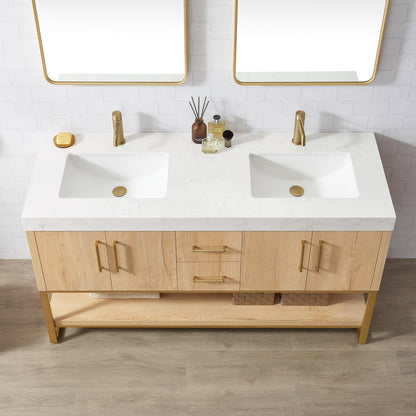 Kolkata 60M" Double Sink Bath Vanity in Weathered Oak with White Grain Composite Stone Top