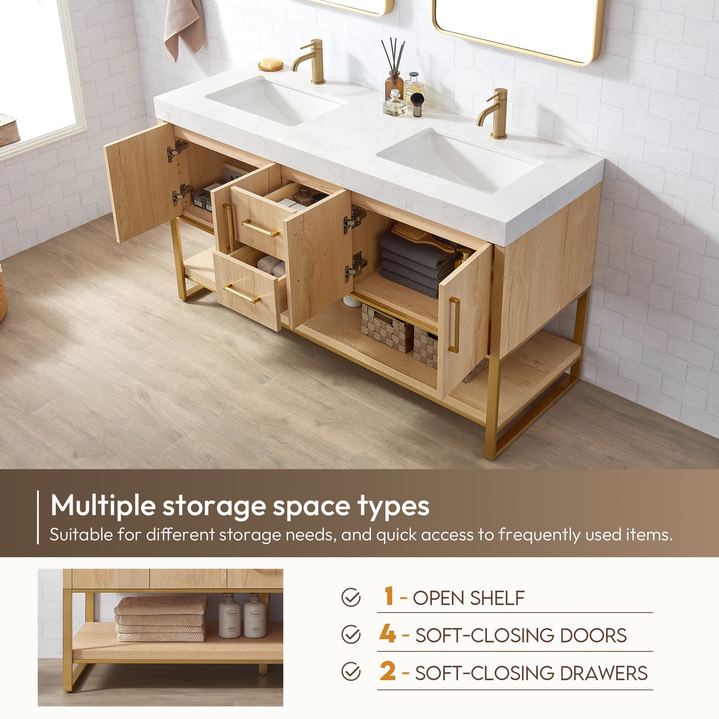 Kolkata 60M" Double Sink Bath Vanity in Weathered Oak with White Grain Composite Stone Top