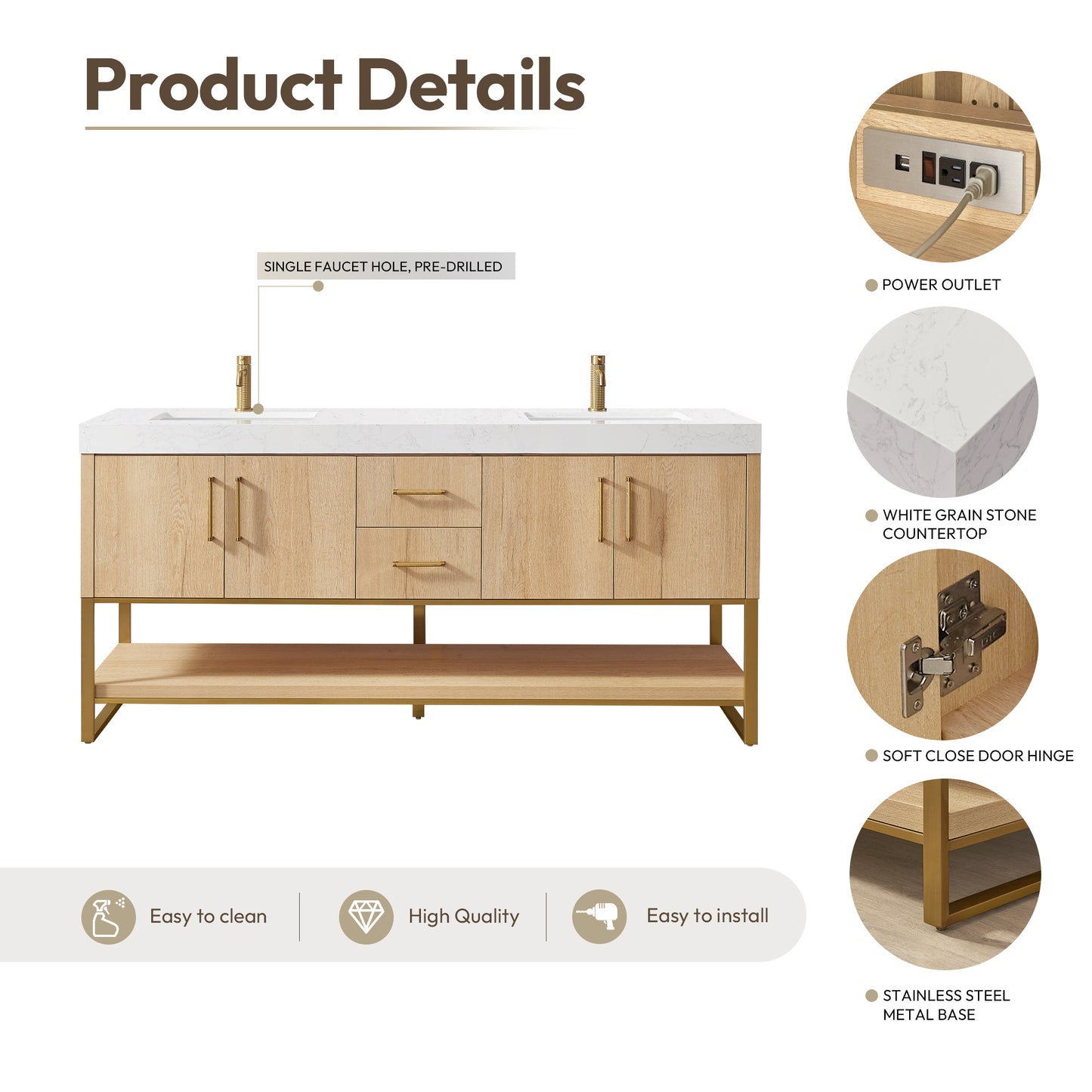 Kolkata 72" Double Sink Bath Vanity in Weathered Oak with White Grain Composite Stone Top