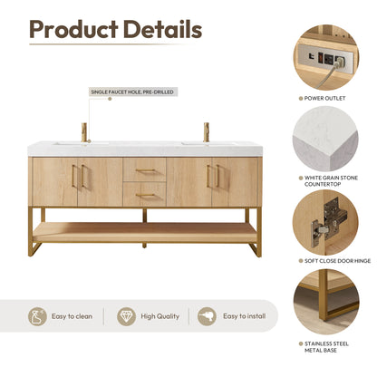 Kolkata 72" Double Sink Bath Vanity in Weathered Oak with White Grain Composite Stone Top
