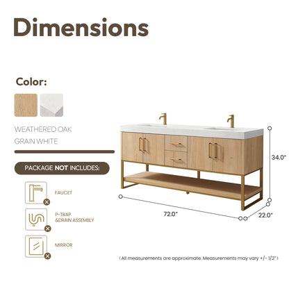 Kolkata 72" Double Sink Bath Vanity in Weathered Oak with White Grain Composite Stone Top