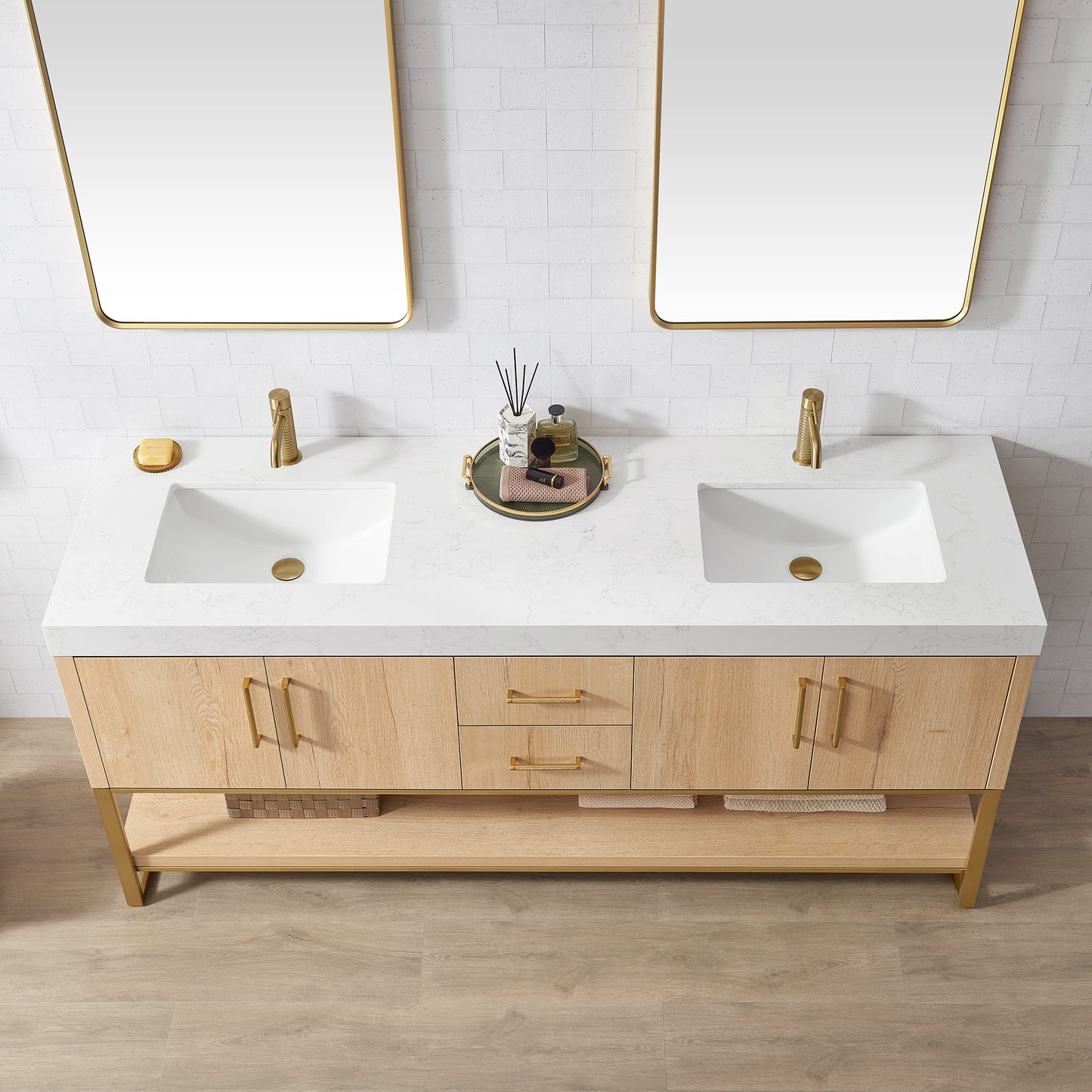 Kolkata 72" Double Sink Bath Vanity in Weathered Oak with White Grain Composite Stone Top