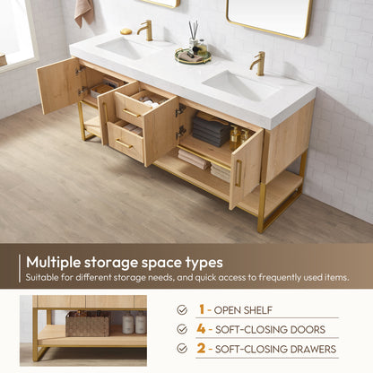 Kolkata 72" Double Sink Bath Vanity in Weathered Oak with White Grain Composite Stone Top