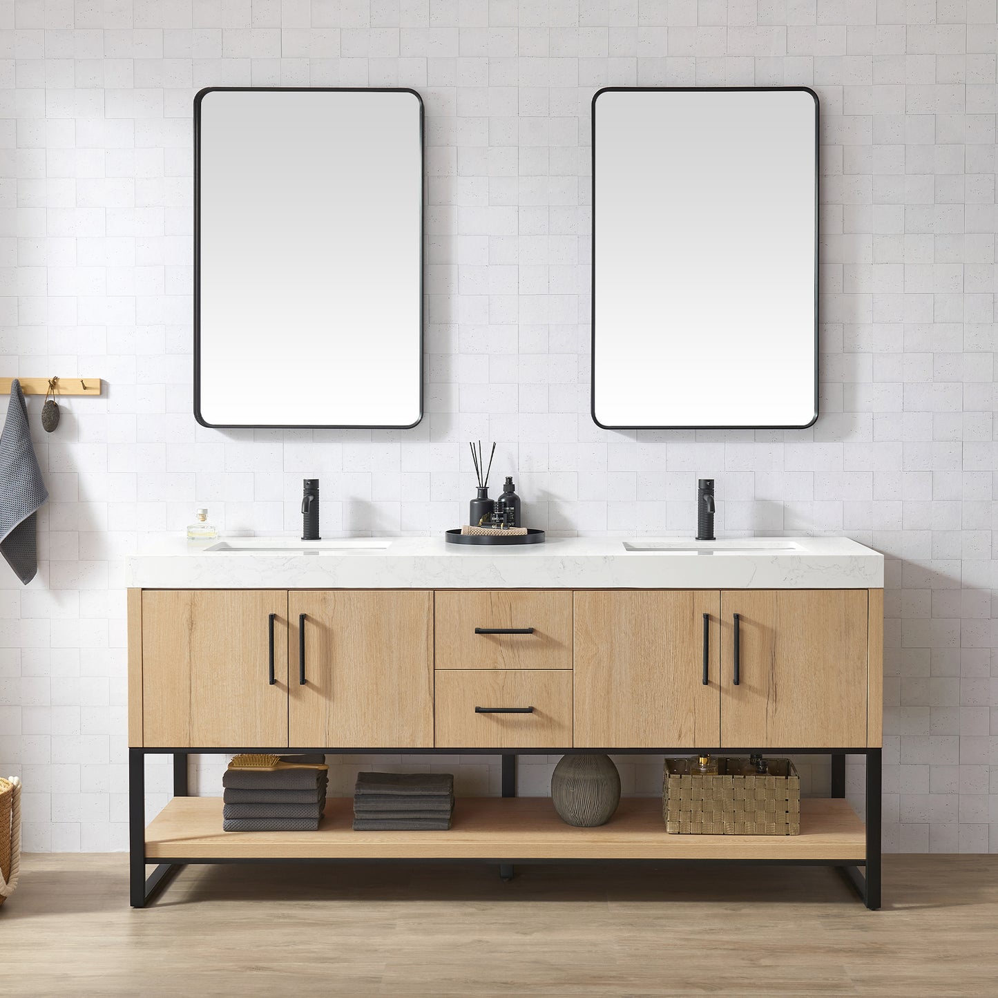 Kolkata 72B" Double Sink Bath Vanity in Weathered Oak with White Grain Composite Stone Top