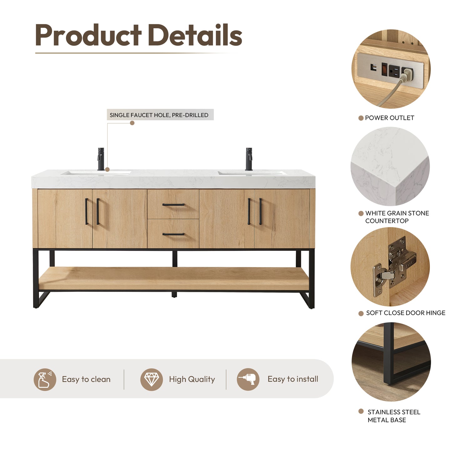Kolkata 72B" Double Sink Bath Vanity in Weathered Oak with White Grain Composite Stone Top