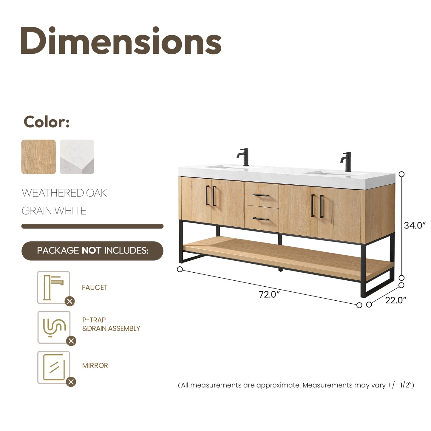 Kolkata 72B" Double Sink Bath Vanity in Weathered Oak with White Grain Composite Stone Top