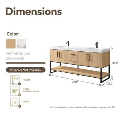 Kolkata 72B" Double Sink Bath Vanity in Weathered Oak with White Grain Composite Stone Top