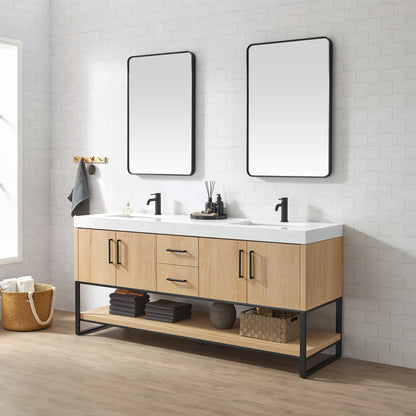 Kolkata 72B" Double Sink Bath Vanity in Weathered Oak with White Grain Composite Stone Top