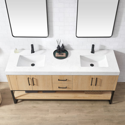 Kolkata 72B" Double Sink Bath Vanity in Weathered Oak with White Grain Composite Stone Top