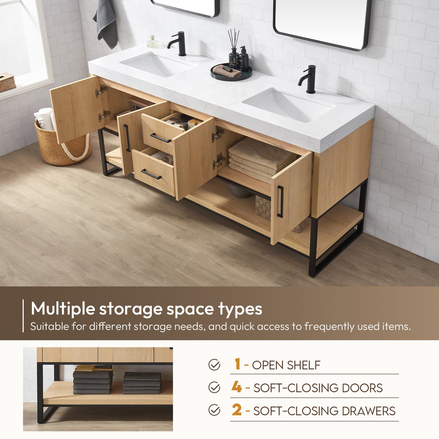 Kolkata 72B" Double Sink Bath Vanity in Weathered Oak with White Grain Composite Stone Top