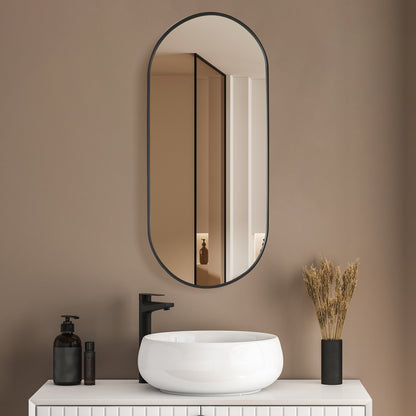 Miajadas 19.7" W x 45" H Oval Aluminum Framed Wall Mount Bathroom Vanity Mirror in Brushed Black