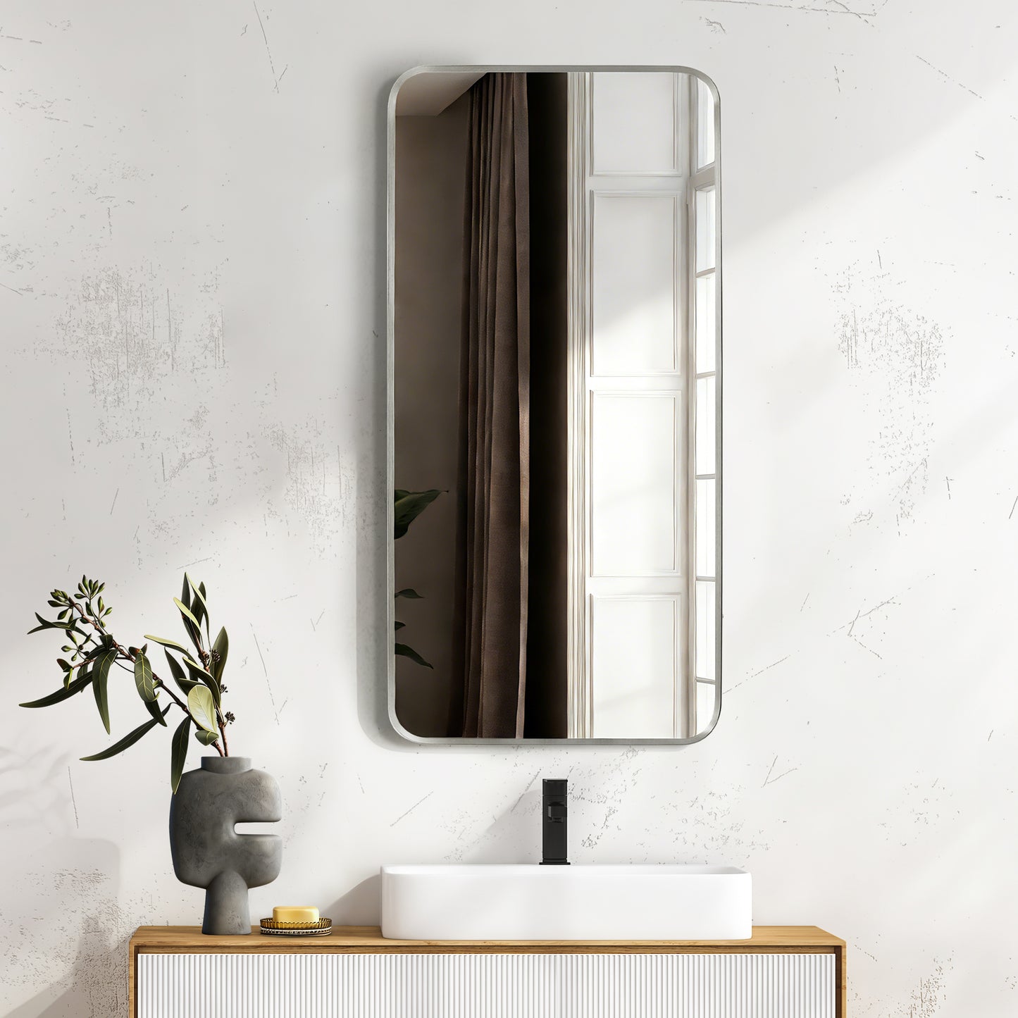 Mutriku 18" W x 36" H Rectangle Metal Wall Mirror in Satin Nickel