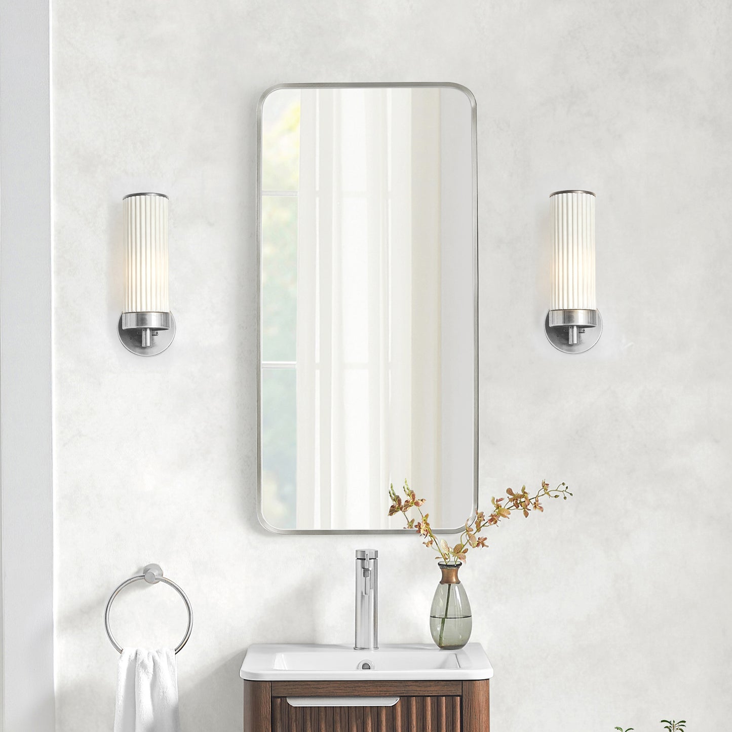 Mutriku 18" W x 36" H Rectangle Metal Wall Mirror in Satin Nickel