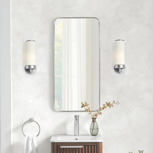 Mutriku 18" W x 36" H Rectangle Metal Wall Mirror in Satin Nickel