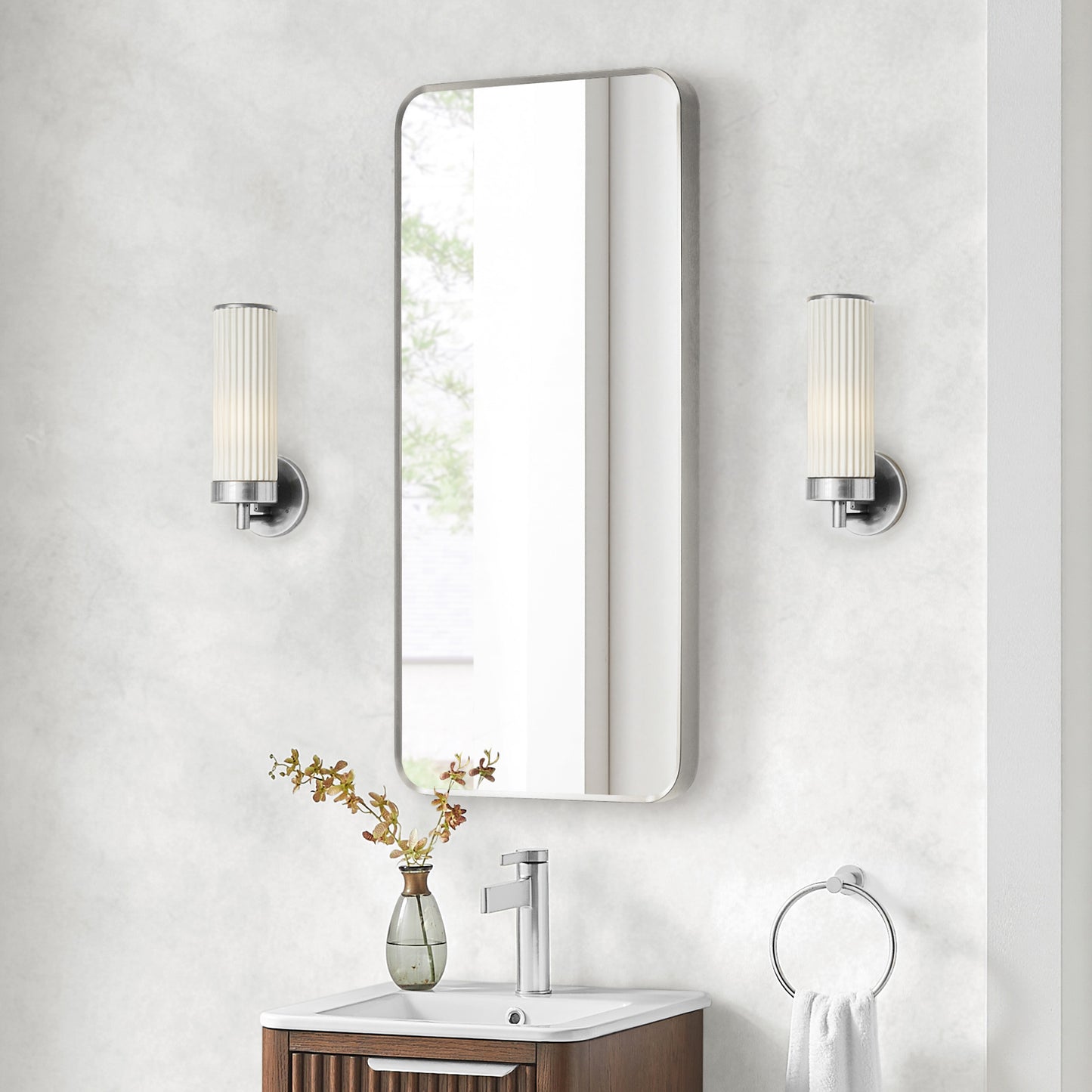 Mutriku 18" W x 36" H Rectangle Metal Wall Mirror in Satin Nickel