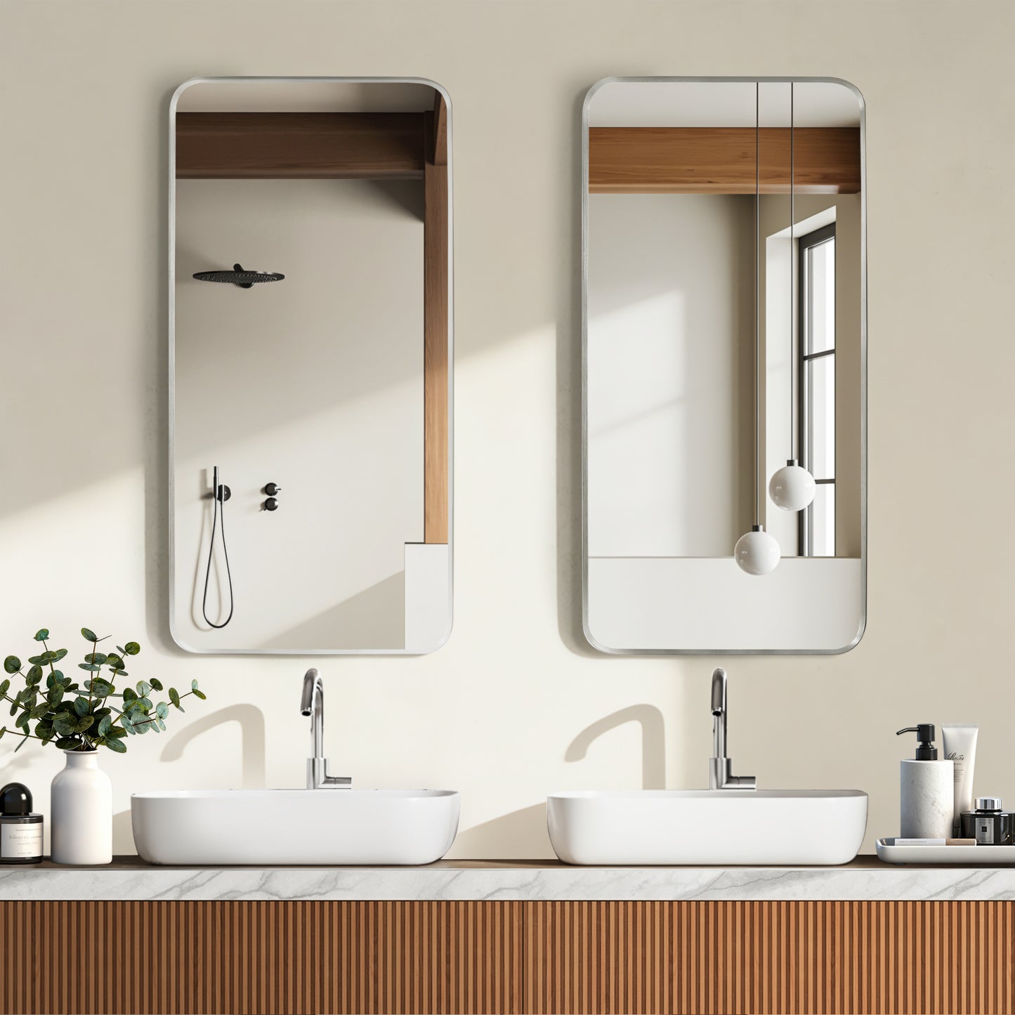 Mutriku 18" W x 36" H Rectangle Metal Wall Mirror in Satin Nickel
