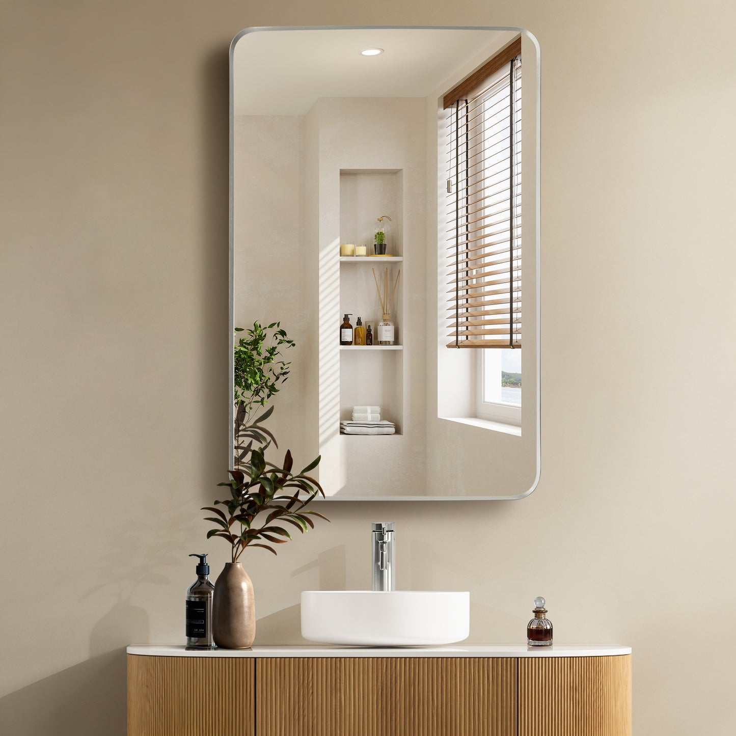 Mutriku 24" W x 36" H Rectangle Metal Wall Mirror in Satin Nickel